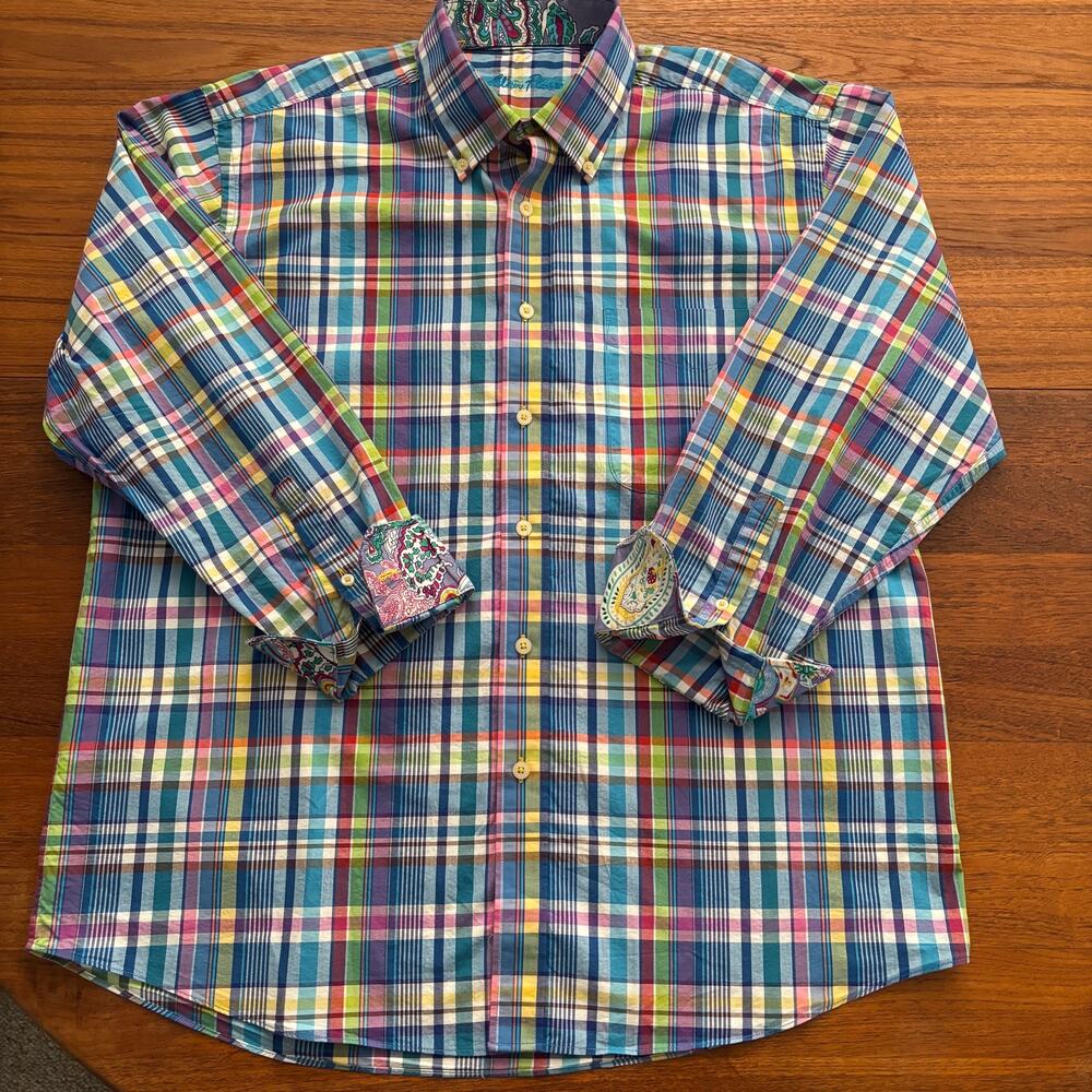 Alan Flusser men’s multi color plaid long sleeve button down dress shirt large
